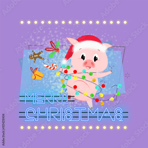 Merry Christmas neon lettering and pig with garland. Christmas greeting card. Typed text, calligraphy. For leaflets, brochures, invitations, posters or banners.