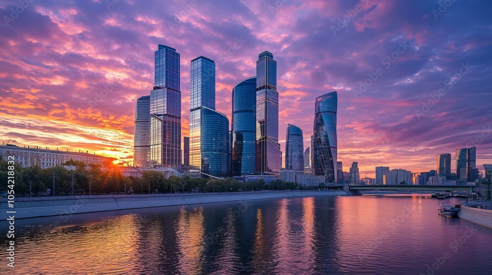 Fototapeta premium City's towering skyscrapers line the River under a summer sunset. This business district showcases the city's modern architectural marvels against the backdrop of a vibrant evening sky. 