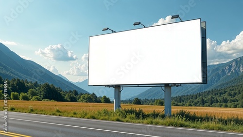 White billboard near the road with mountain view, clean and minimalist design, large and empty, ready for custom text or graphics. horizontal advertisement mockup, summer