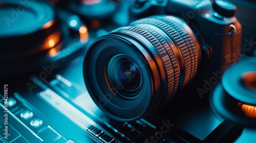 A close-up of a camera lens on a dark surface with ambient lighting, highlighting photography gear. photo