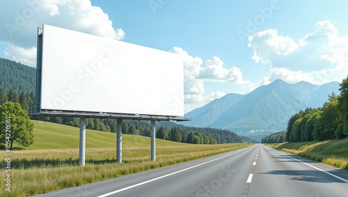 White billboard near the road with mountain view, clean and minimalist design, large and empty, ready for custom text or graphics. horizontal advertisement mockup, summer
