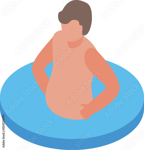 Pregnant woman enjoying water birth labor, floating in birthing pool with inflatable support ring, promoting relaxation and comfort during childbirth
