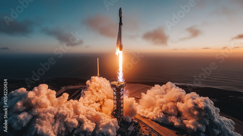 Rocket taking off from launch platform, showcasing powerful ascent and dramatic clouds photo