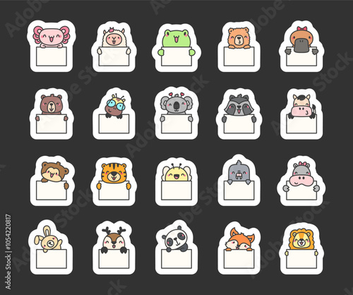 Cute animal holding a blank plaque. Sticker Bookmark. Banner with space to write. Vector drawing. Collection of design elements.
