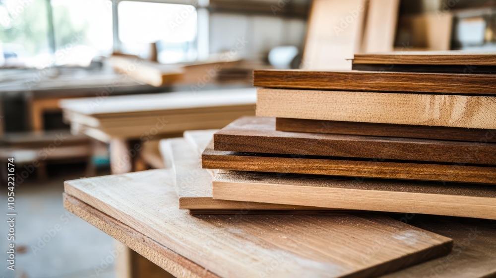 A close-up of stacked wood planks in a woodworking shop with sunlight streaming A close-up of stacked wood planks in a woodworking shop with sunlight streaming