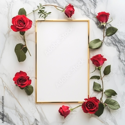 Flat Lay Golden Frame on Marble Texture Floor with Red Rose Decoration