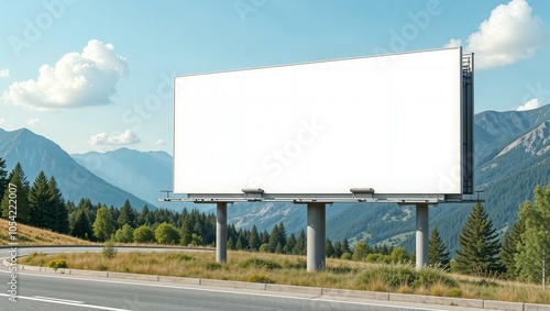 White billboard near the road with mountain view, clean and minimalist design, large and empty, ready for custom text or graphics. horizontal advertisement mockup, summer