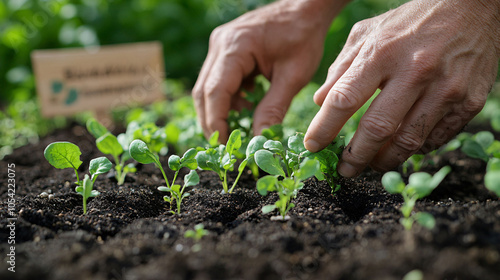 Farmer planting fresh seedlings in biodynamic soil photo