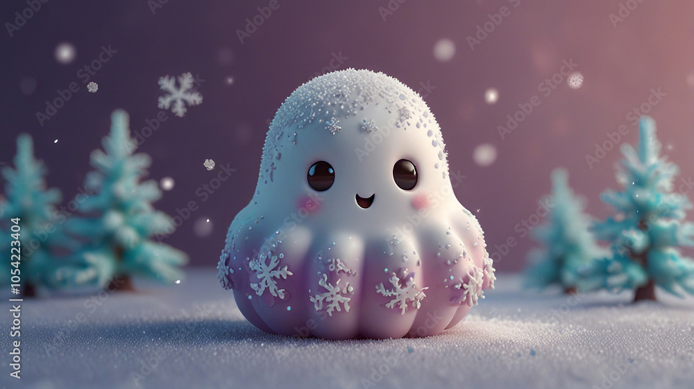 Obraz premium Cute Ghost with Snowflake in Winter Wonderland Scene