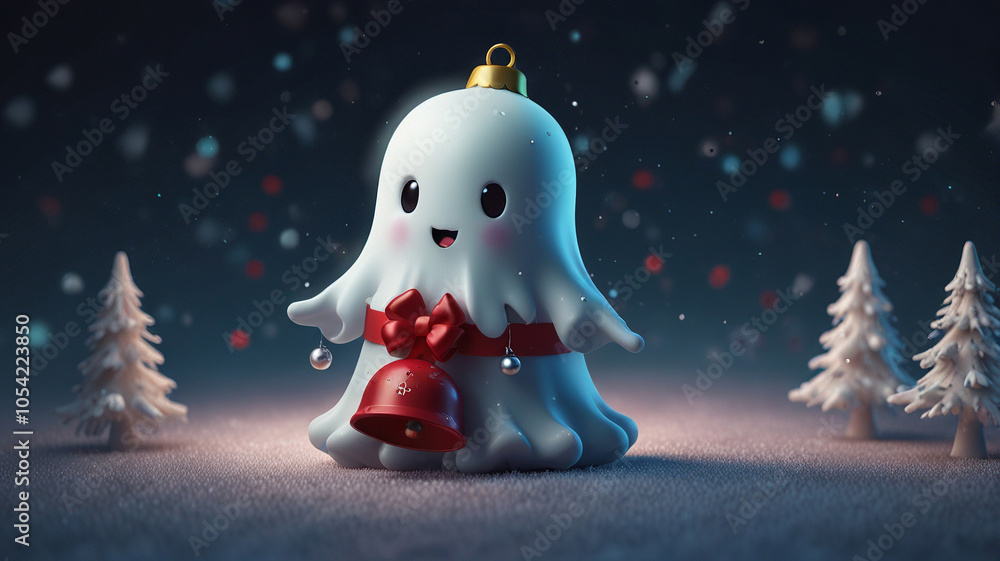 Obraz premium Cute Ghost Holding a Christmas Bell Decoration