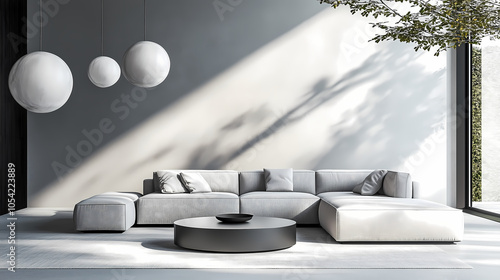 Scandinavian minimalist living room with a single gray sofa, a sleek coffee table, and soft natural light flooding the space through large windows