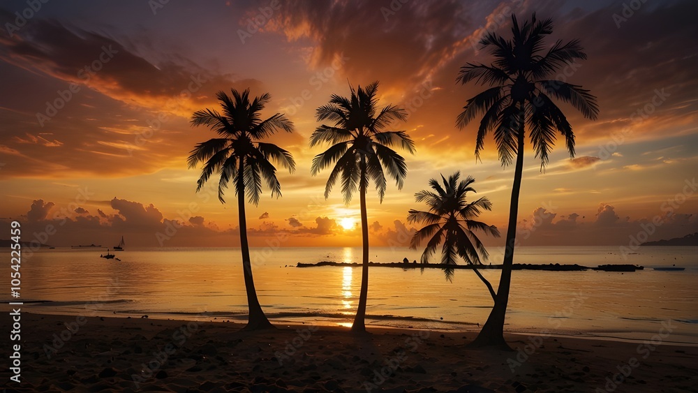 Obraz premium Beautiful tropical sunset over a beach with silhouettes of palm trees Ideal for vacations and travel in the summer