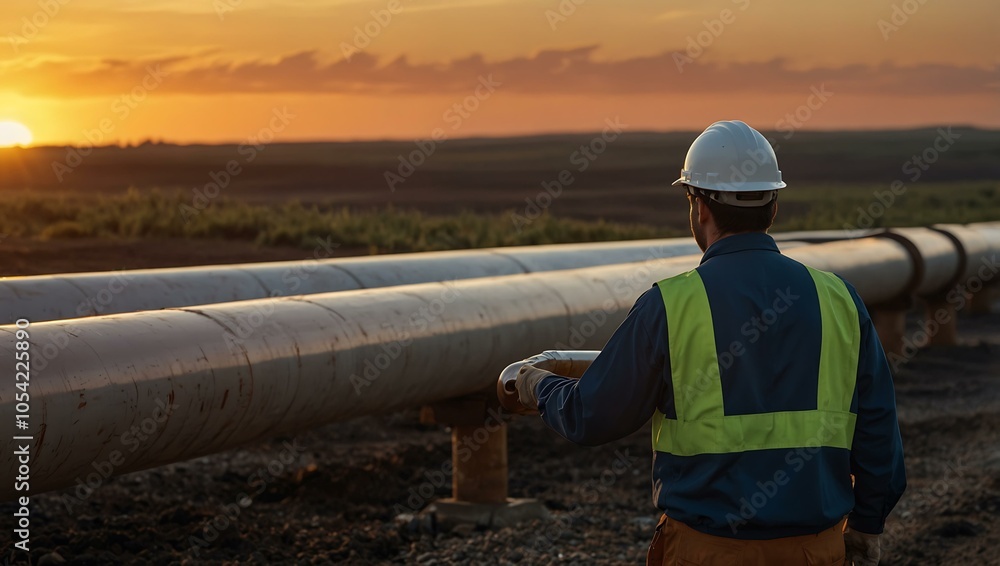 Worker observing oil pipelines at sunset Worker observing oil pipelines at sunset