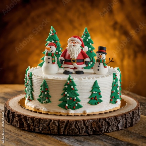 A photo of a Christmas cake decorated with marzipan and icing. photo