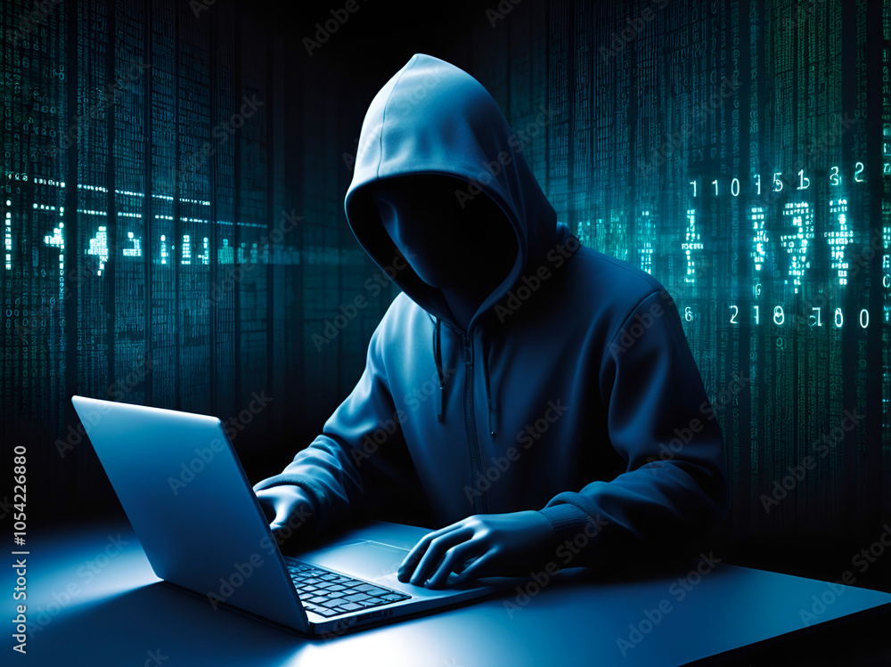 concept of digital data security hacker working on laptop concept of digital data security hacker working on laptop