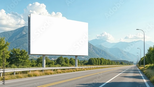 White billboard near the road with mountain view, clean and minimalist design, large and empty, ready for custom text or graphics. horizontal advertisement mockup, summer