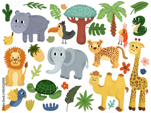 Big set with cute cartoon animals with face. Summer children's illustration with palm trees, tropical theme and animals giraffe, hippopotamus, cockatoo, lion and others.