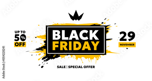 Vector black friday sale logo illustration with frame on white background. Flat style sale promotion business creative design of black friday label with 50% off for discount day promo banner, logotype
