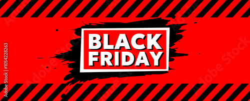 Vector black friday sale logo illustration with splash and tape on red background. Flat style sale promotion design of black friday business label for discount day promo banner, logotype