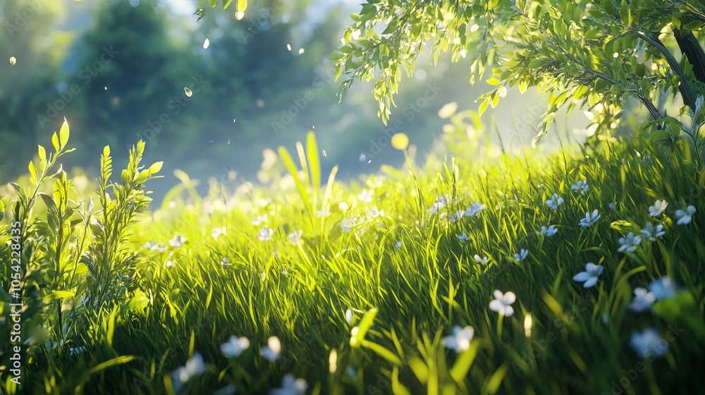 Obraz premium Natural scenery background featuring a vibrant meadow with lush green grass swaying gently in the breeze, casting delicate shadows that add depth and dimension to the image. 