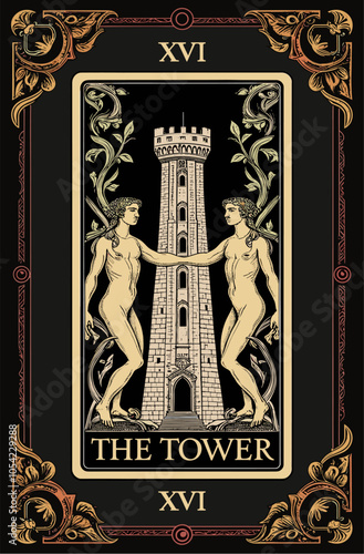 Mystical tarot card The Tower. Celestial poster design. Boho vector illustration. Esoteric decorative element. Witchcraft, occult, spiritual design in Art Deco style	