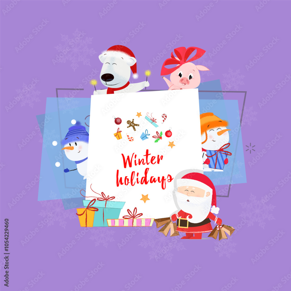 Winter Holidays postcard design. Inscription with Santa Claus, piglet, snowman, polar bear and gifts on background with snowflakes. Can be used for postcards, greeting cards, leaflets Winter Holidays postcard design. Inscription with Santa Claus, piglet, snowman, polar bear and gifts on background with snowflakes. Can be used for postcards, greeting cards, leaflets