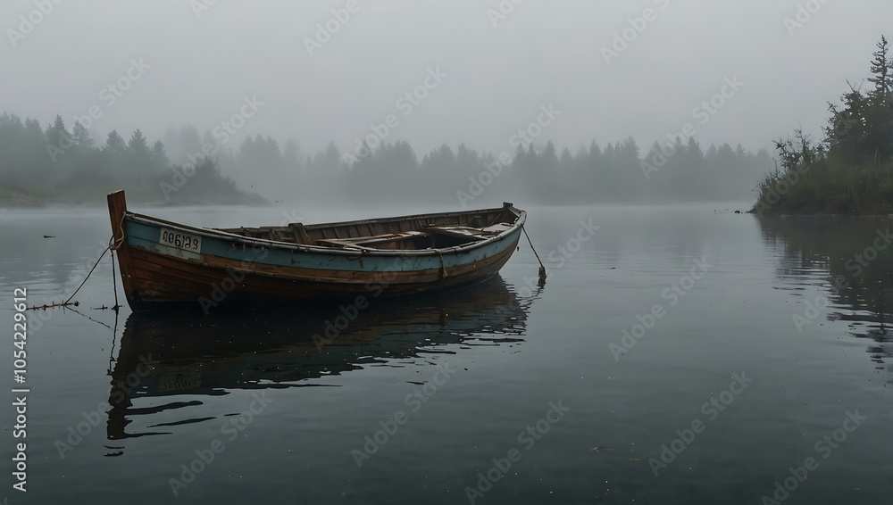 Obraz premium Abandoned boat in foggy waters.