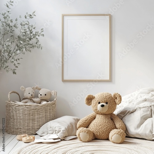Mock up poster, wall in children bedroom interior background, Scandinavian style, 3D render, Generative AI