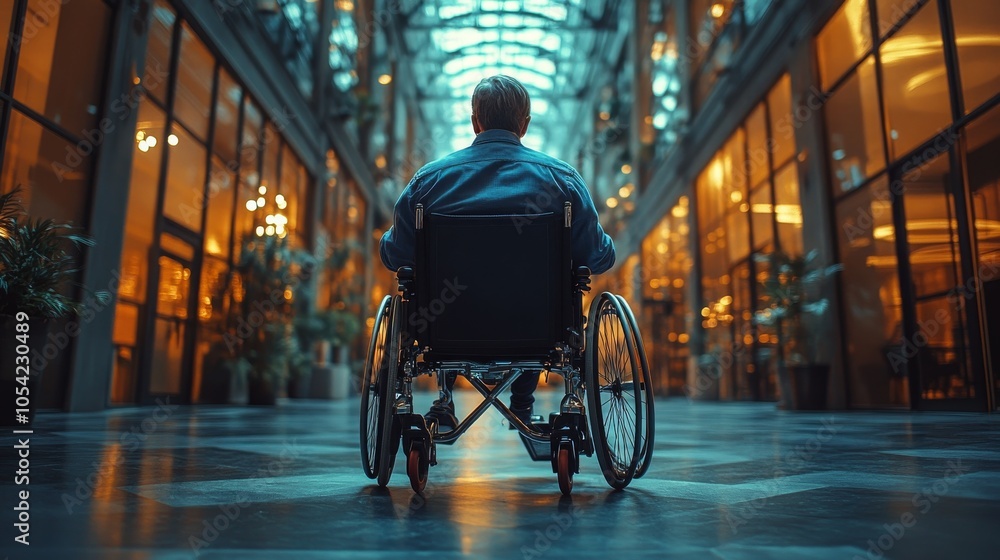 Obraz premium A wheelchair user working at a tech company in a modern office environment during late afternoon