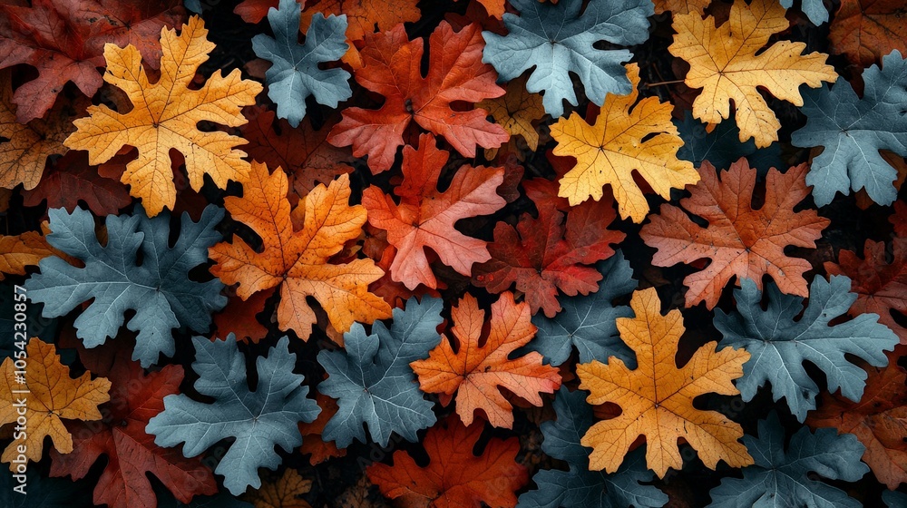 A vibrant arrangement of autumn leaves in shades of orange, yellow, and blue. A vibrant arrangement of autumn leaves in shades of orange, yellow, and blue.