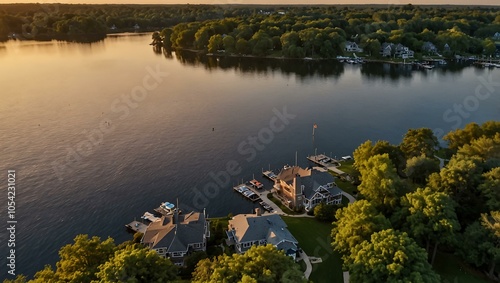 Aerial view of Lake Minnetonka at sunset with lakeside homes.