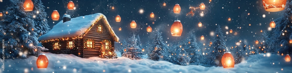 Fototapeta premium Cozy winter cabin in snowy landscape with sky lanterns