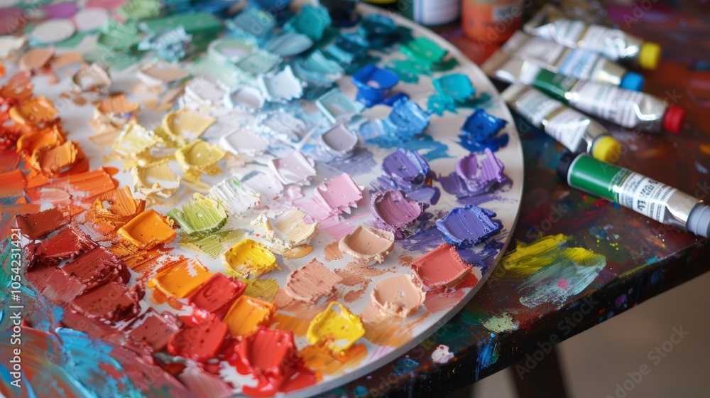 Fototapeta premium A vibrant paint palette showcasing a rainbow of colors sits on a table next to tubes of paint ready to be used in the creation of a masterpiece.