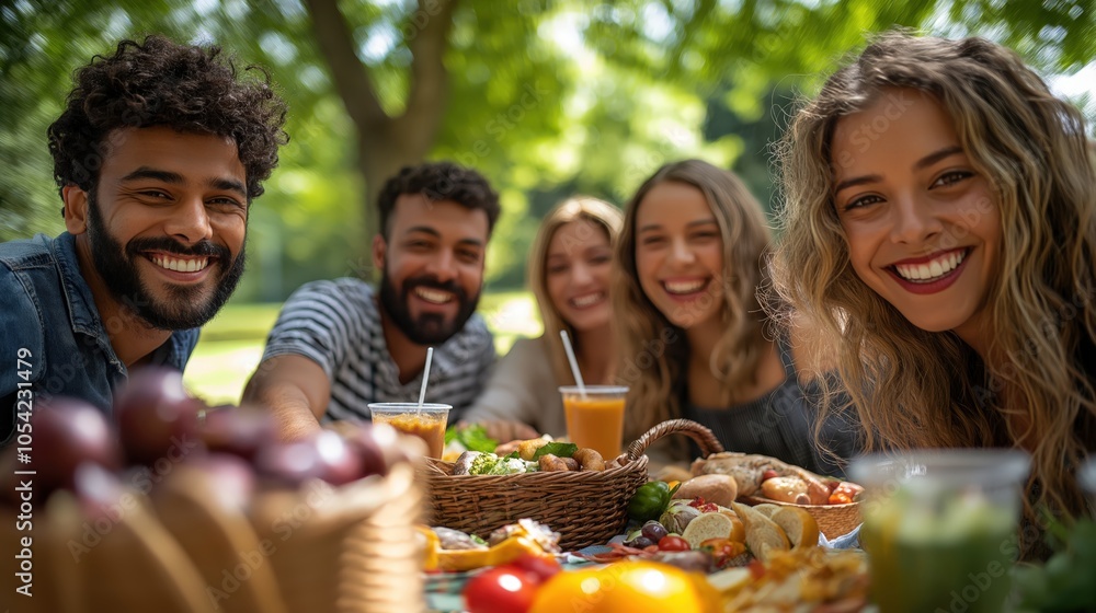 Obraz premium Joyful friends enjoying a picnic outdoors with fresh fruits and delicious snacks