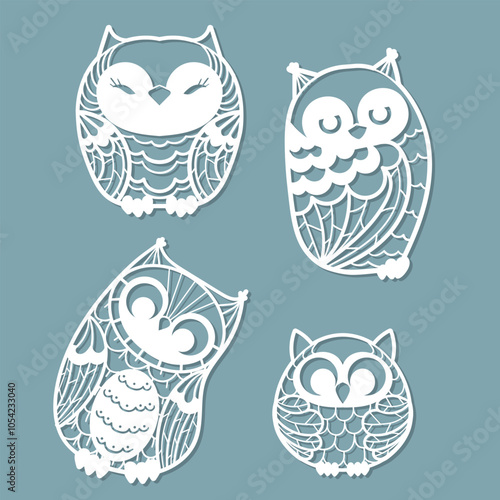 Set of funny cartoon owls. Template for laser cutting from paper, cardboard, wood, metal, etc. For design of toys, Christmas tree decorations, interior decorations, stickers, postcards, stencils, silk