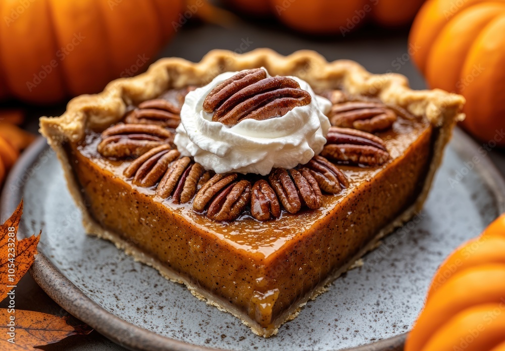 Delicious pumpkin pie with whipped cream and pecans Delicious pumpkin pie with whipped cream and pecans