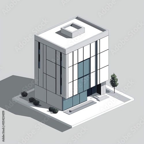 Create an isometric vector illustration with minimalist building photo