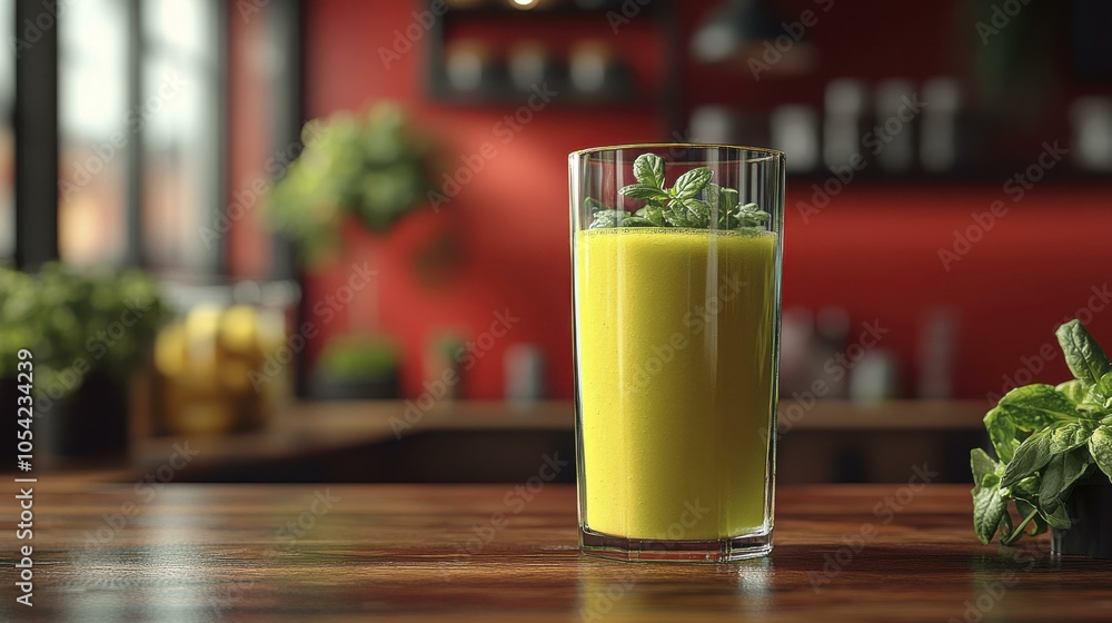 Refreshing Yellow Smoothie with Mint Leaves on a Bar Counter Refreshing Yellow Smoothie with Mint Leaves on a Bar Counter