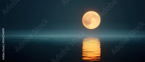 Full moon rises over tranquil water, mirrored in its glassy surface