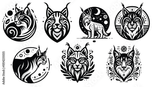 Lynx head illustration, black and white circle design, expressive tribal art style tattoo