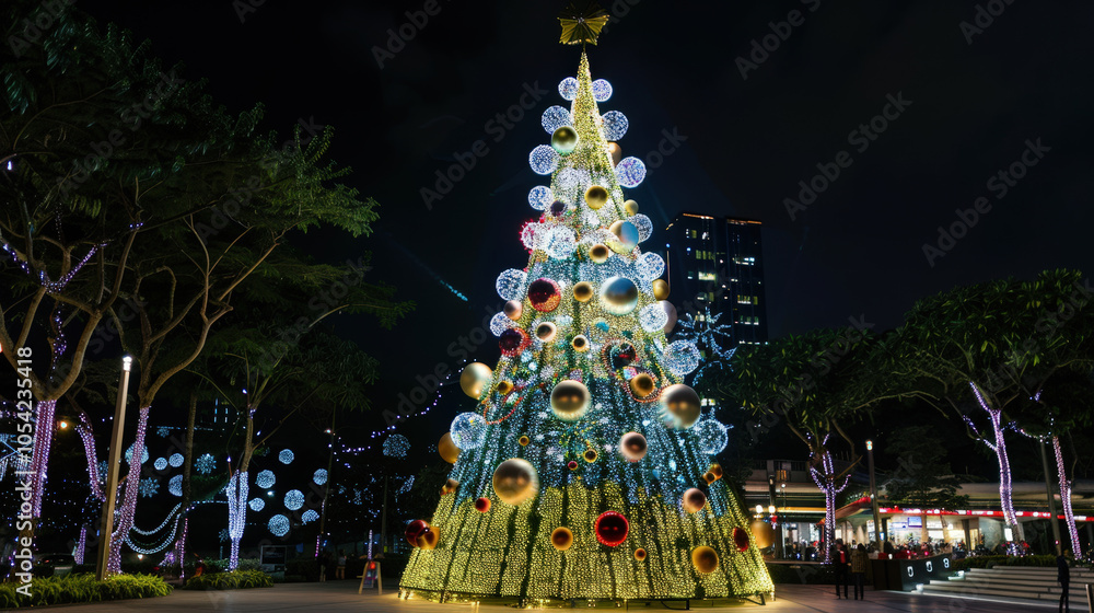 Fototapeta premium huge christmas tree decorated with ornament balls and bokeh lights