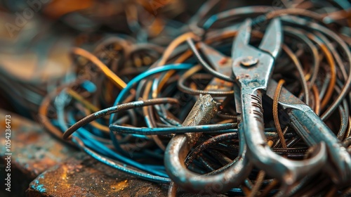 A jumble of metal wires and pliers cover a workbench ready to be shaped and formed into delicate wirewrapped jewelry pieces. photo