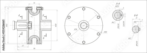 Assembly drawing of clutch and shaft of electrical reducer. Vector design of steel mechanical device with dimension lines.
Engineering technic cad scheme on 
paper sheet. Hand drawn pencil sketch.