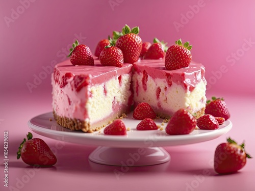 Strawberry Cheesecake with Fresh Strawberries on Pink Background