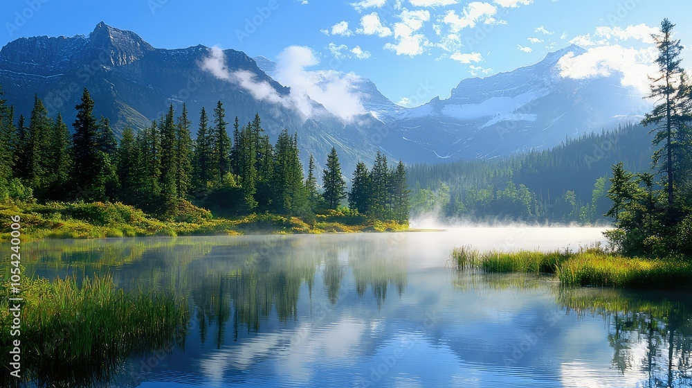 Tranquil Mountain Lake with Sunbeams and Nature's Beauty Tranquil Mountain Lake with Sunbeams and Nature's Beauty