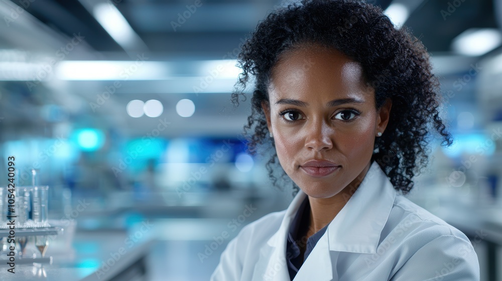 Serious female scientist in lab coat looking at camera