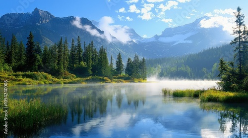 Tranquil Mountain Lake with Sunbeams and Nature's Beauty