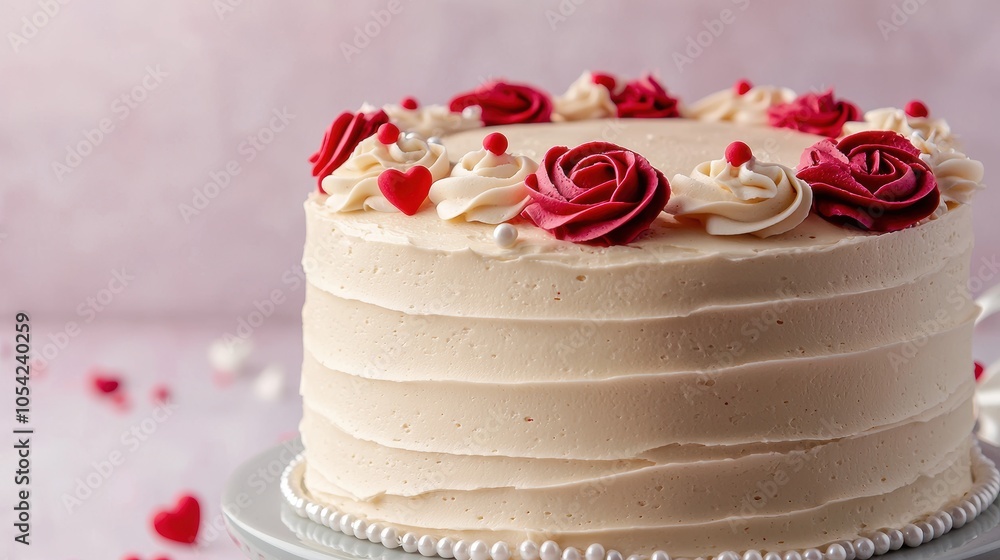 Elegant wedding cake decorated with red roses and hearts Elegant wedding cake decorated with red roses and hearts