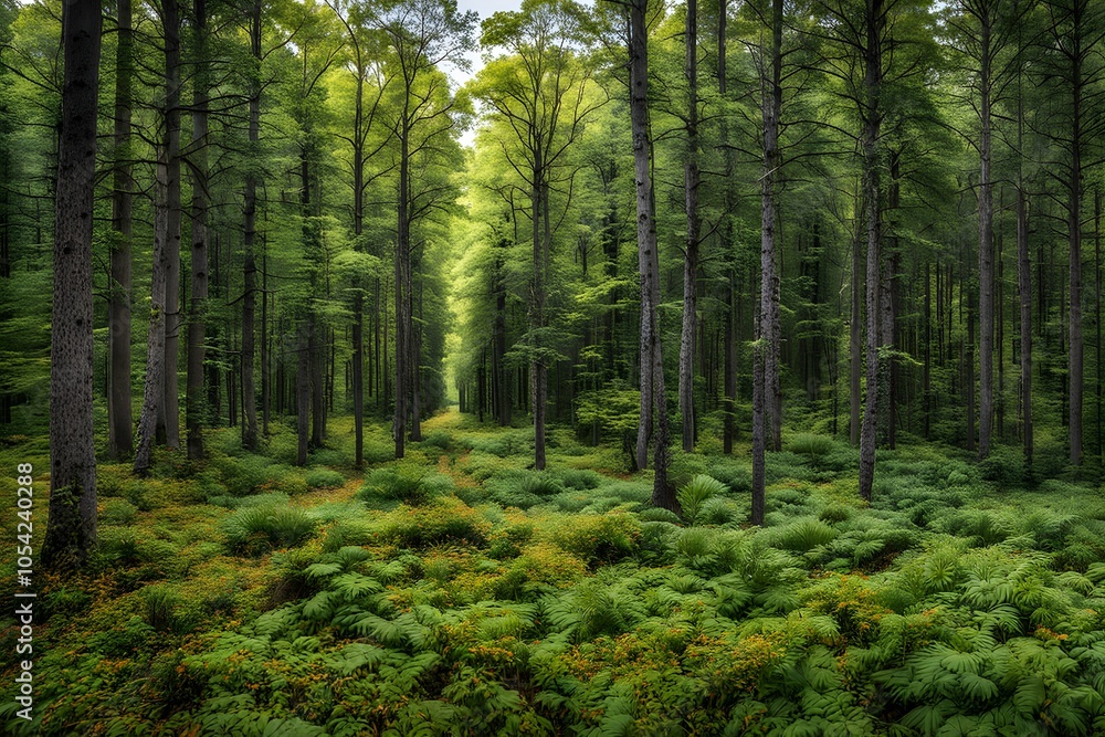 Fototapeta premium A forest with summer greenery on one side and the first hints of autumn colors, AI Generated
