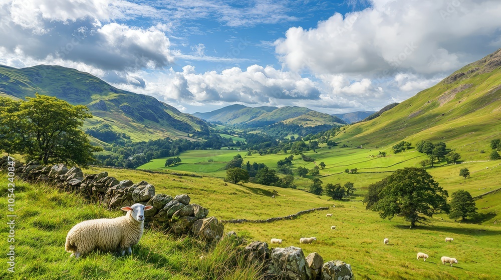 Fototapeta premium Serene Countryside View with Rolling Green Hills and Sheep